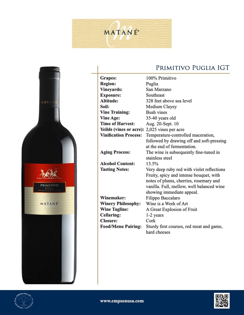 Primitivo Puglia IGT, Matane La Boutique Du Vin